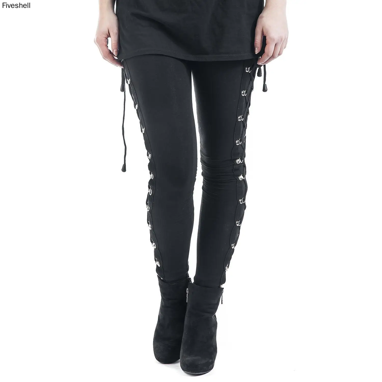 Women\'s Sexy Black Side Lacing Solid Pants Long Bodycon High Waist Bandage Slim Lace Up Leggings Steampunk Rock Wear Goth Wear