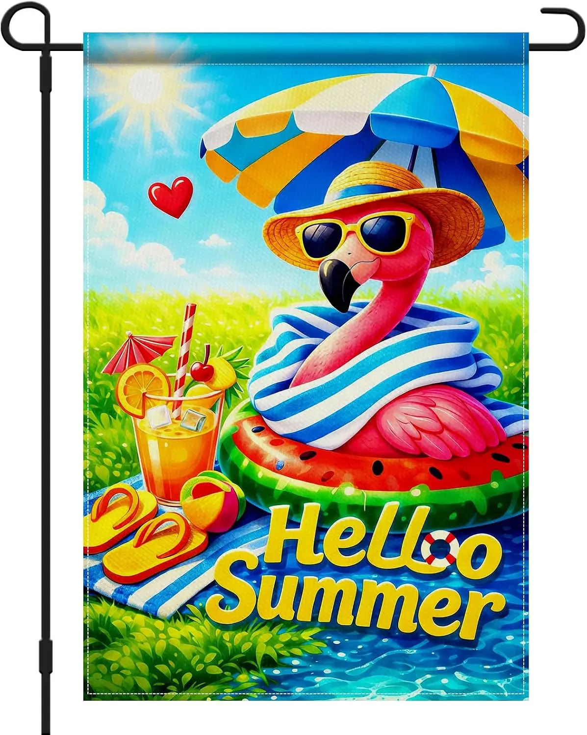 Hello Summer Flamingo Garden Flag 12x18 Inch Double Sided | Linen Flamingo for porch lawn patio summer outdoor decor llp