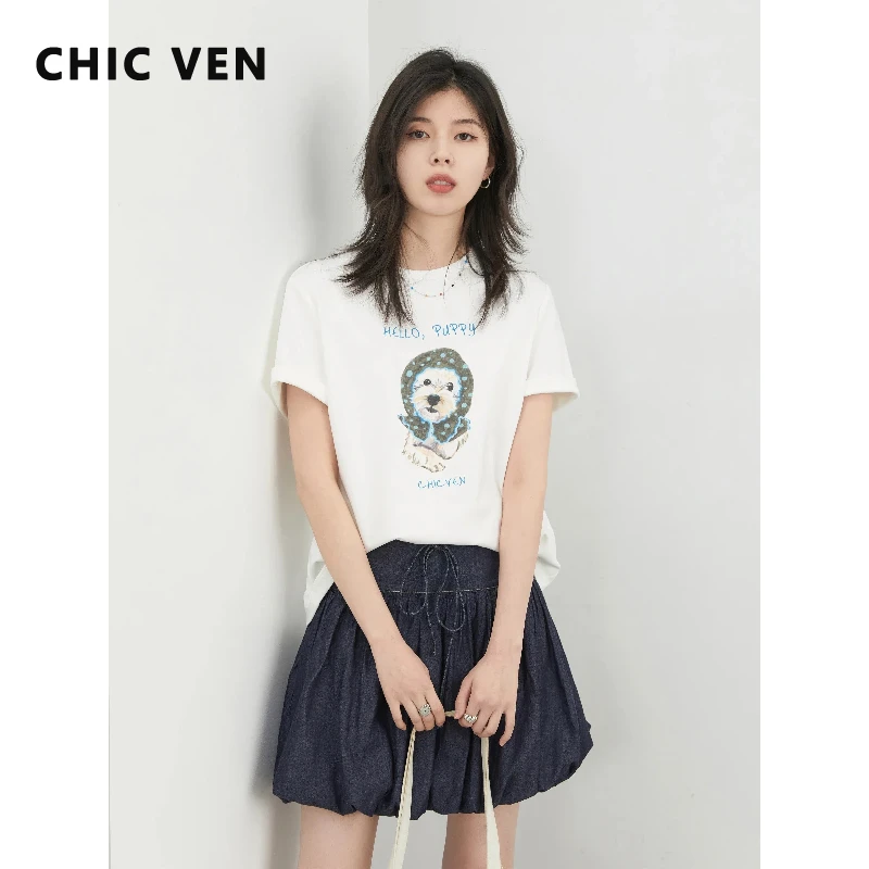 

Футболки CHIC VEN: Новинка, свободный крой, повседневные, с круглым вырезом, с принтом собаки, с коротким рукавом, женские, уличный стиль, топ для девушек, летняя одежда 2026