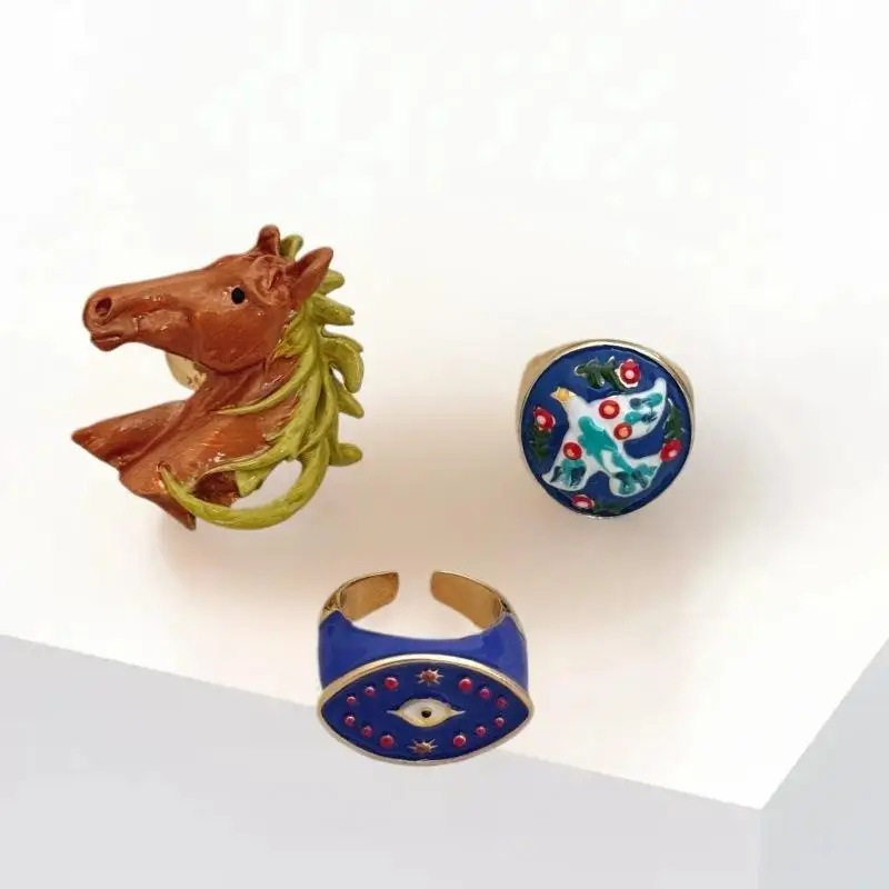 مبالغ فيها خمر المينا رأس الحصان الطيور رسمت عين الشيطان واسعة حلقة مفتوحة أنيقة اكسسوارات مجوهرات للنساء هدية #3