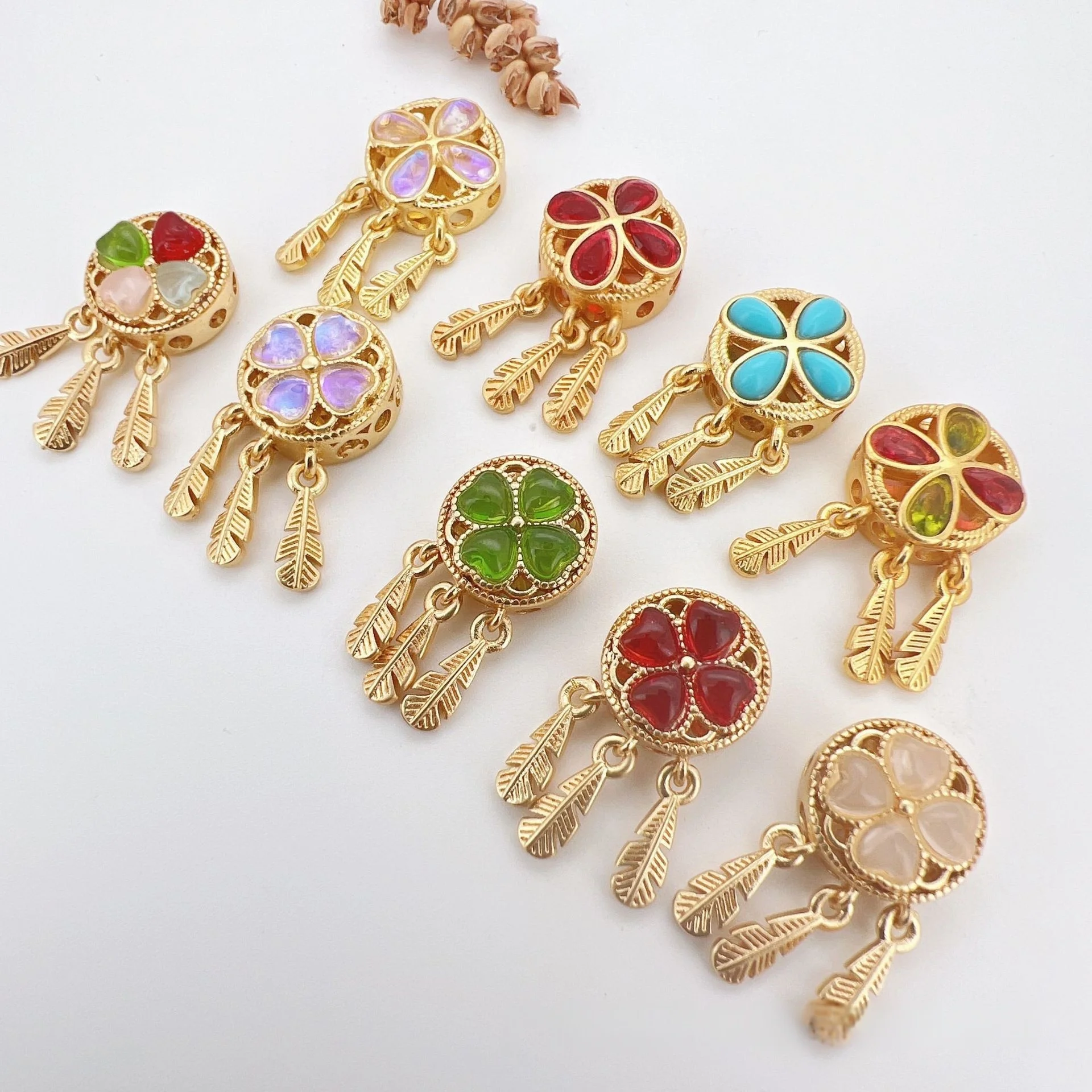 7 Pieces Copper Gold-plated Inlaid Moonstone Dreamcatcher Pendant Spacer Beads Diy String Necklace Jewelry Accessories Wholesale