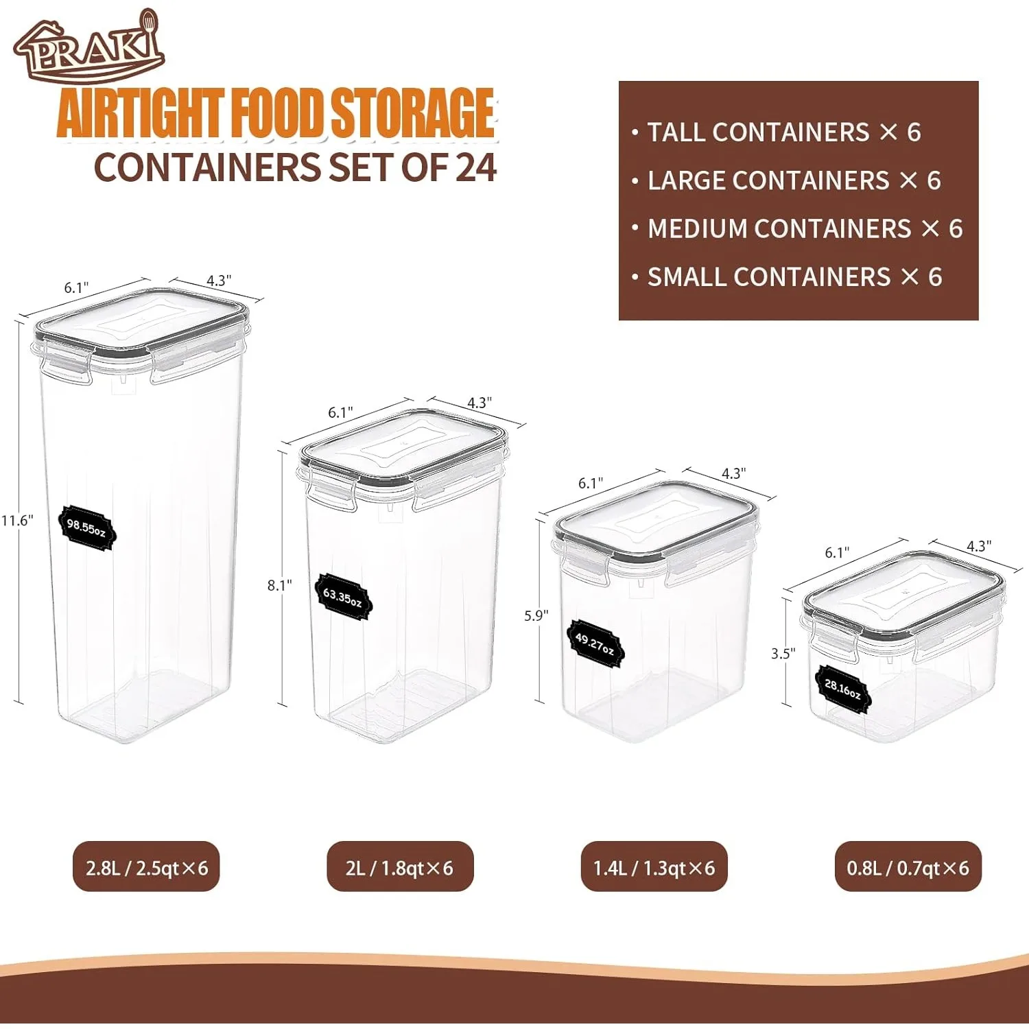 PRAKI Airtight Food Storage Containers Set with Lids -24 PCS BPA Free Kitchen & Pantry Organization Plastic Leak-proof Canisters