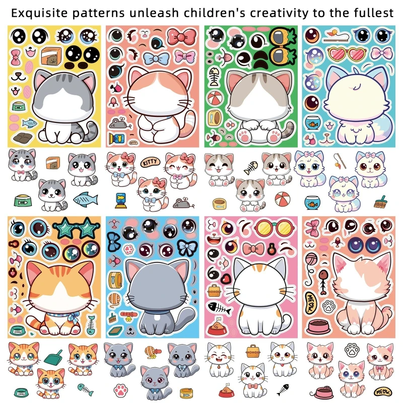 8-40 PCS Cat Face-Swap Stickers Kindergarten Early Learning Educational Toy Stickers DIY Children's Puzzle Stickers
