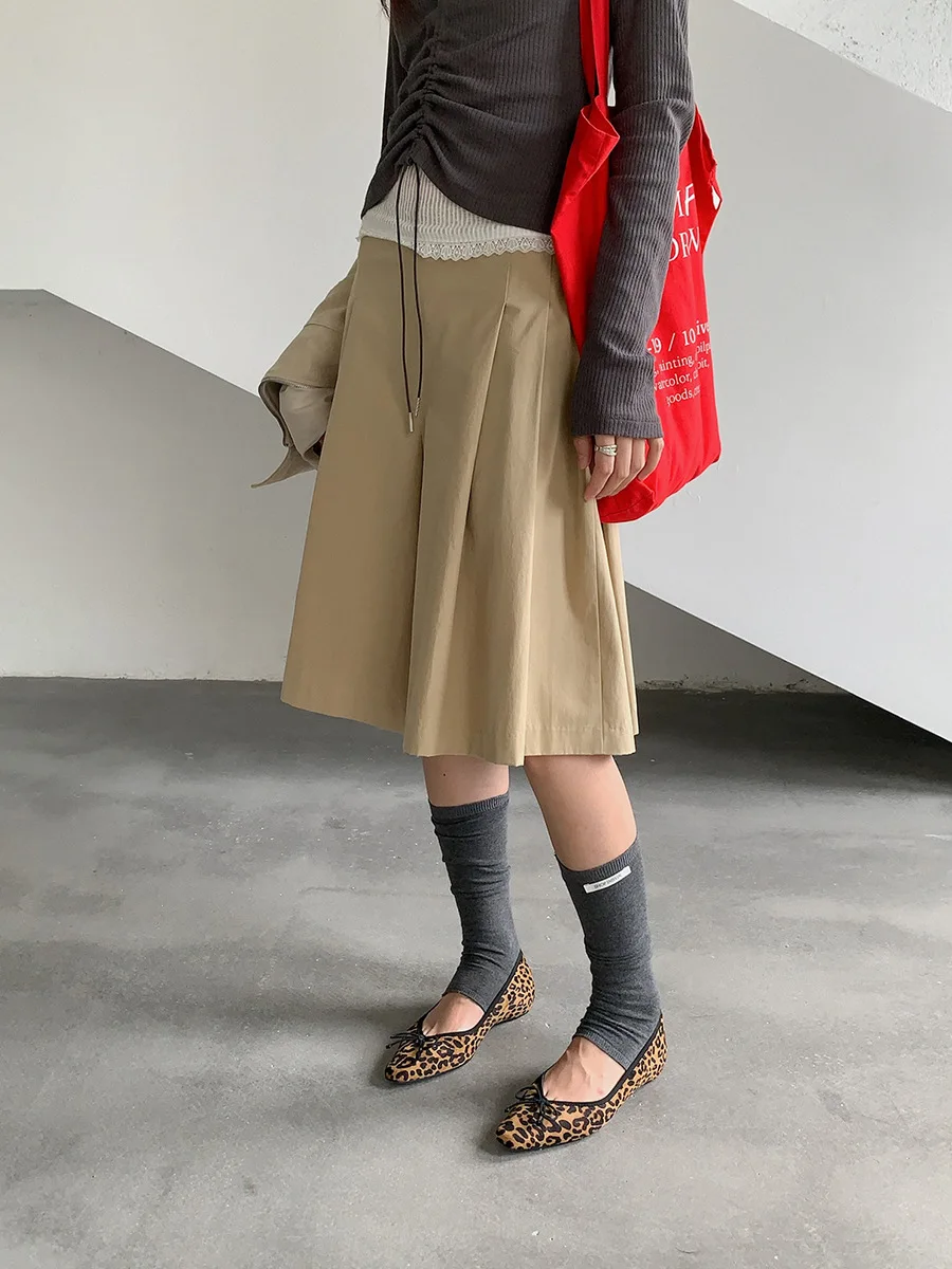Pleated High Waist A Line Skirt Pants Women Autumn Loose Slimming Petite Casual Skort