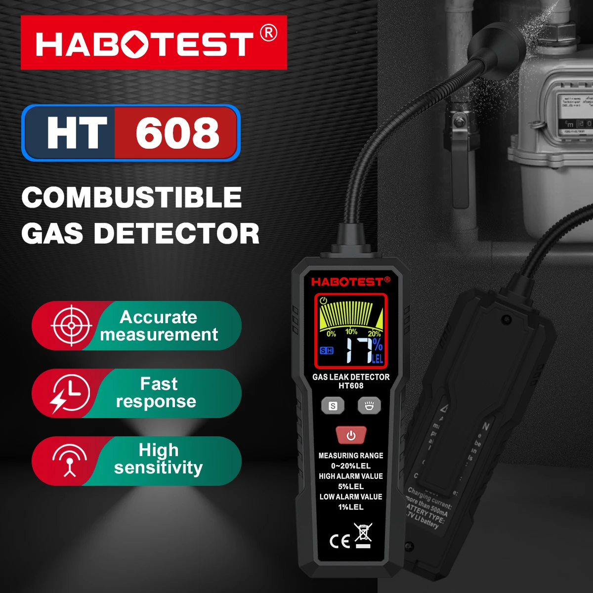 HABOTEST Digital Combustible Gas Detector Rechargeable Gas Leak Detector Flexible Probe Natural LPG Methane Home Industrial Gas