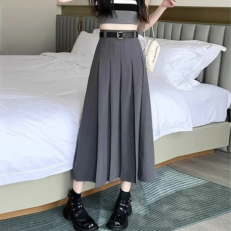 

Pop Gray Suit Style Pleated Skirt High Waist Slim A- Line Midi Length Women's New Summer College Fashion Sensation Half Body Ski