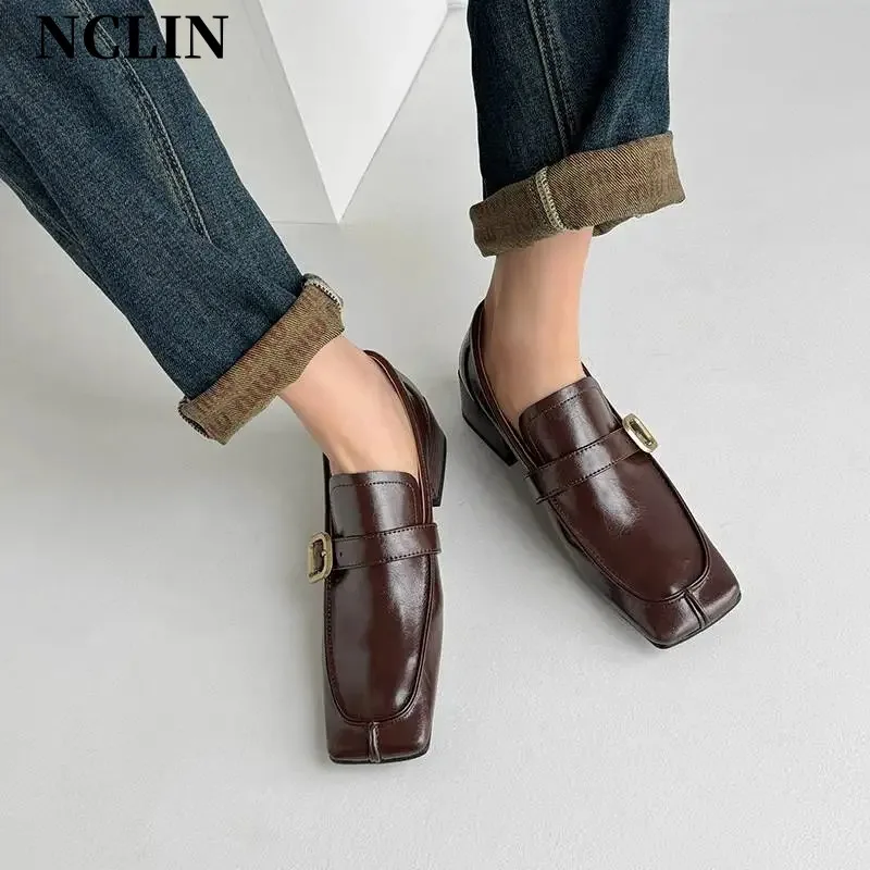 

New Spring Genuine Leather Women Shoes Square Toe Women Pumps Shoes for Women High Heel Chunky Heel Shoes Zapatos Mujer Loafers