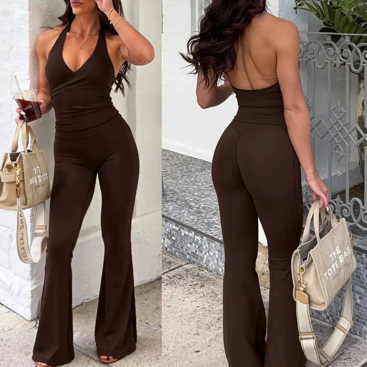 Leggings CSB Flare con Top Halter de Cuello en V y Sujetador Incorporado, Leggings de Cintura Alta con Tela Efecto Segunda Piel, Ropa para Yoga, Pilates y Gimnasio