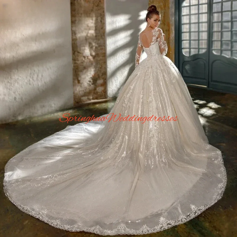 

Luxury Ball Gown Wedding Dress Lace Applique Beaded Long Sleeve Sparkling Bridal Gown Vestidos De Novia