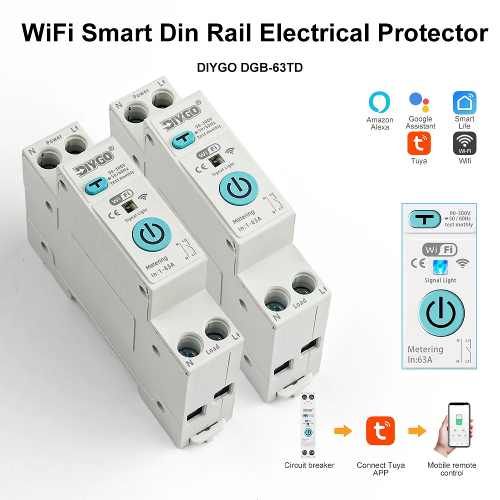 DGB-63TD Din Rail Tuya WiFi Smart Circuit Breaker 1P+N 63A Metering Leakage Protection Remote Control Alexa Google Smart-life
