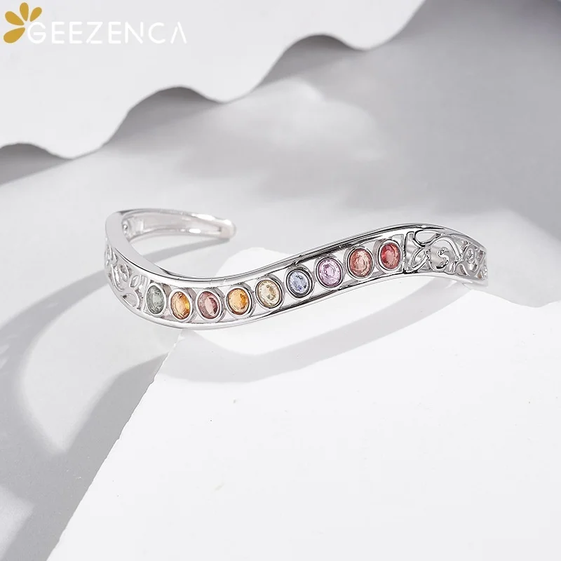 GEEZENCA Tourmaline 925 Sterling Silver Hollow Wavy Open Bangle Women Minimalism Trendy Dainty Sparkle Stack Cuff Bracelet Gift