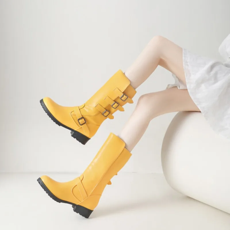 Yellow White Black Women Fashion Mid Calf Boots Round Toe Thick Heel Slip On Belt Buckles Plus Size  34-47 48 49 50