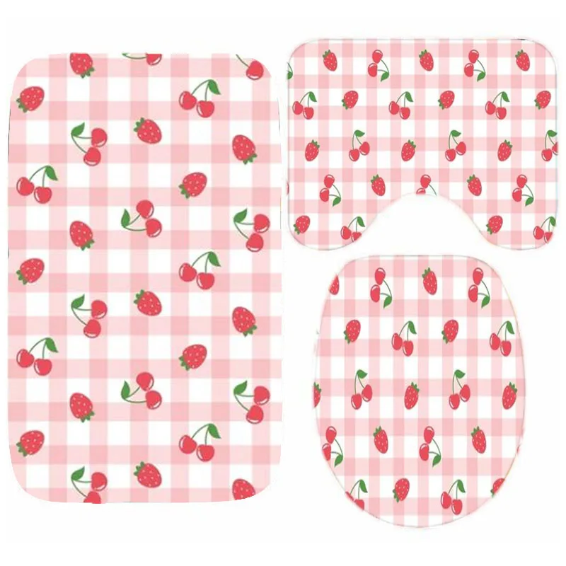 Chic Gingham Pink Cherry Strawberry Bath Rug Set for Bathroom 3PCS Bathroom Mats Carpet Toilet Lid Cover Girl Home Decor Gift