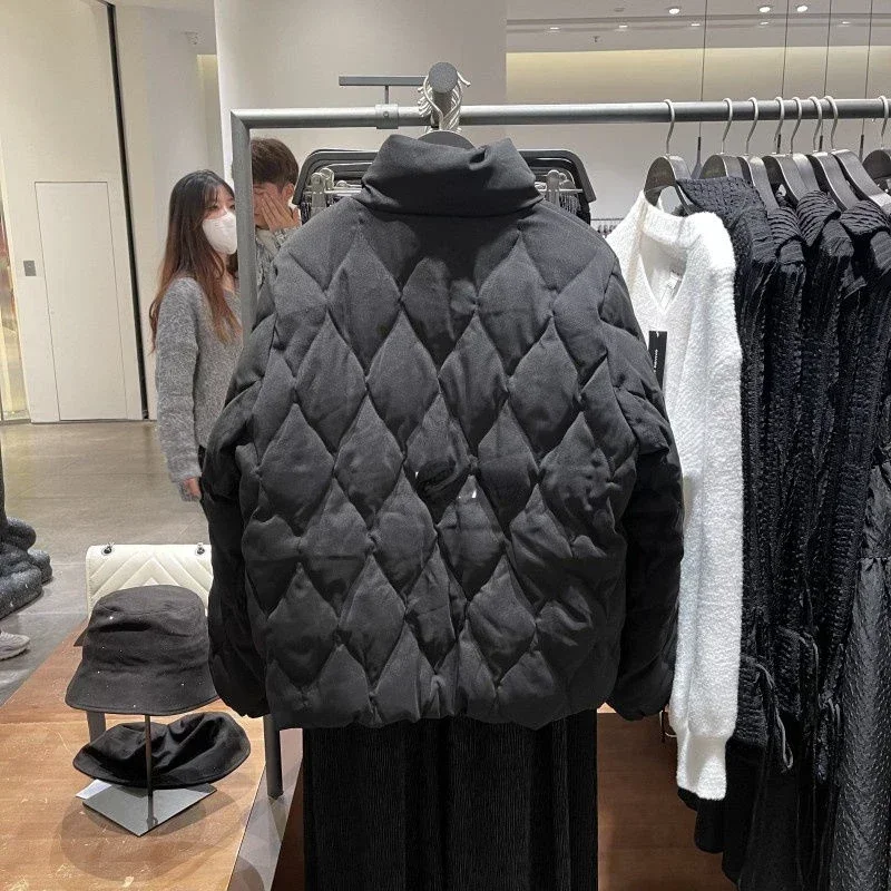 Stand Neck Argyle Bowknot High Street Coats Single-breasted Sweet Puffer Jacket Autumn Winter New Loose Grunge Vintage Parkas
