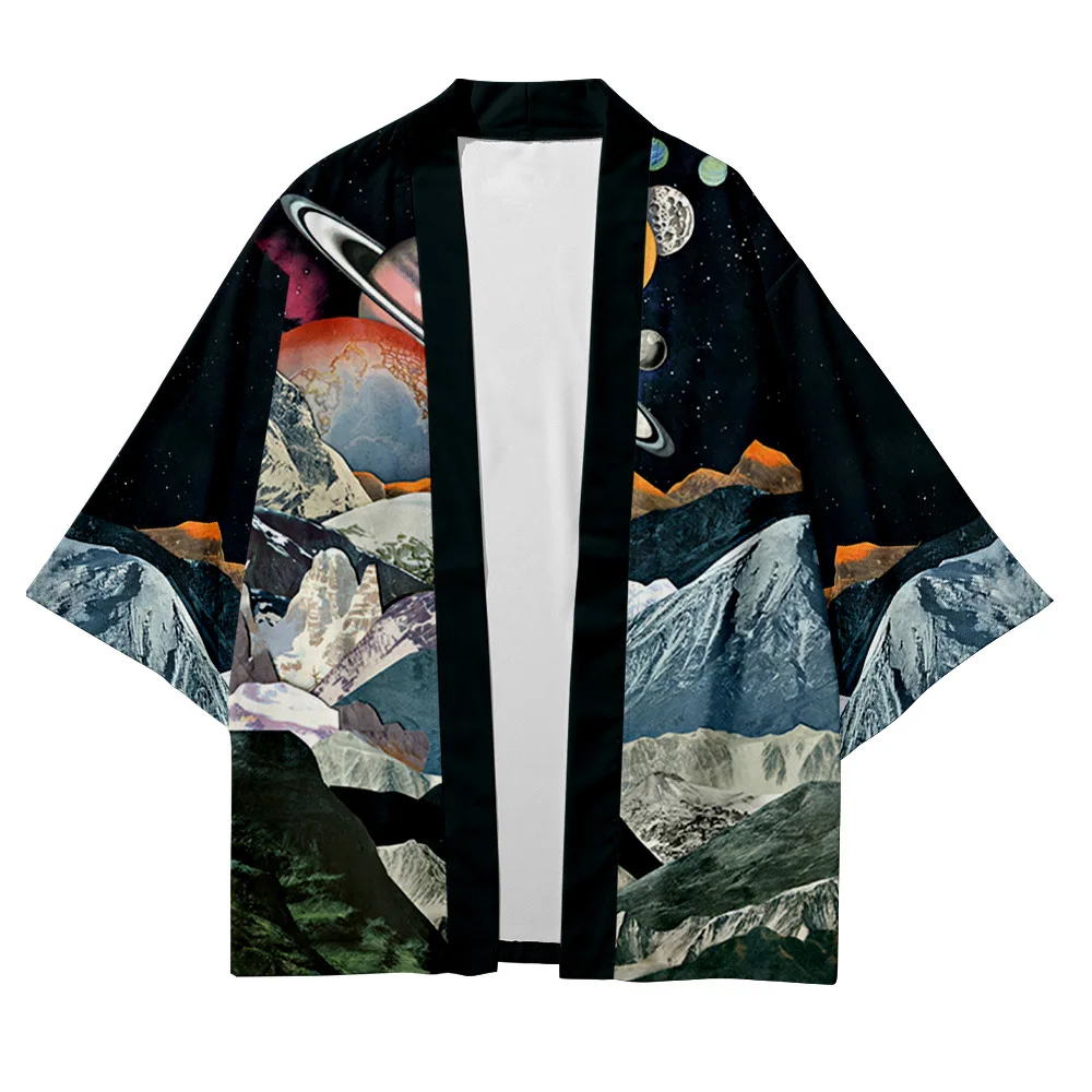 Kimono universo planeta impressão camisa tradicional haori vestuário feminino harajuku japonês moda streetwear cardigan yukata