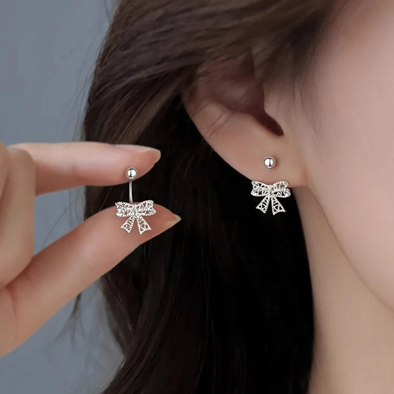 Designer 925 Sterling Silver Screw Fastening Hollowed-out Heart-shaped Bowknot Stud Earrings for Women Jewelry Accessories Gifts