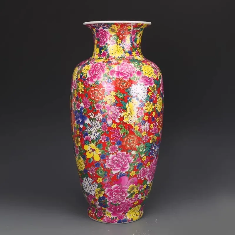 Chinese Red Enamel Porcelain Vase Qing Qianlong Flowers Pattern 13.78 inch