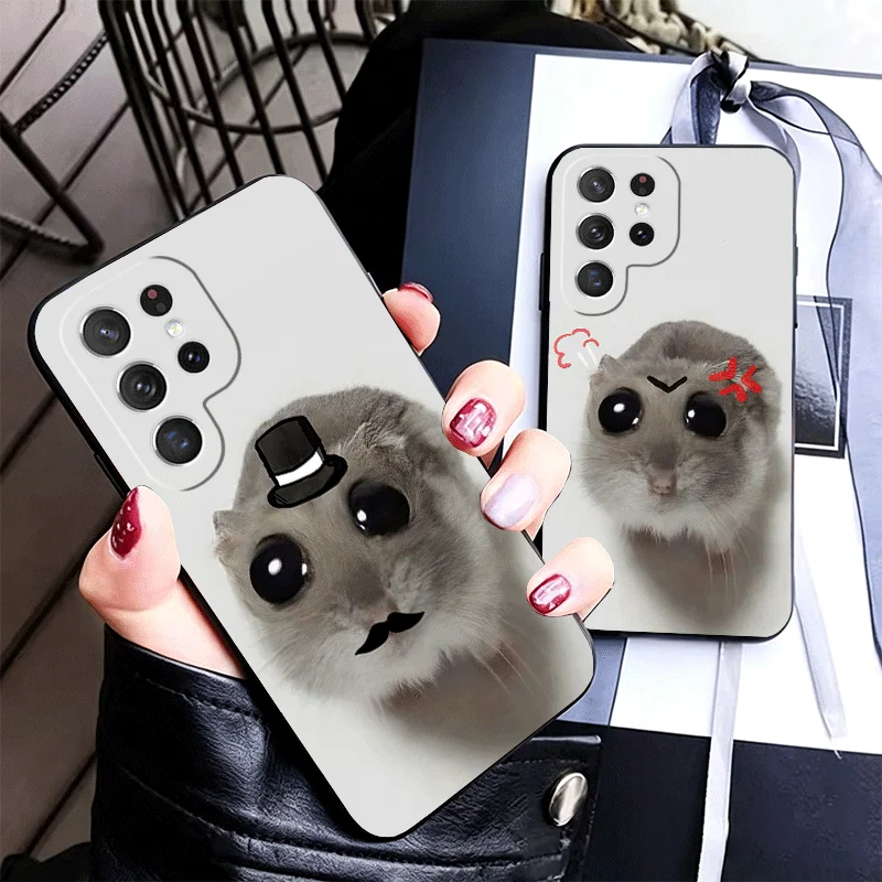 Funny Sad Hamster Meme Silicone Phone Case for Samsung Galaxy S24 S26 Ultra S25 Edge S23 Plus S22 + S21 S20 FE 5G Black Soft Cov