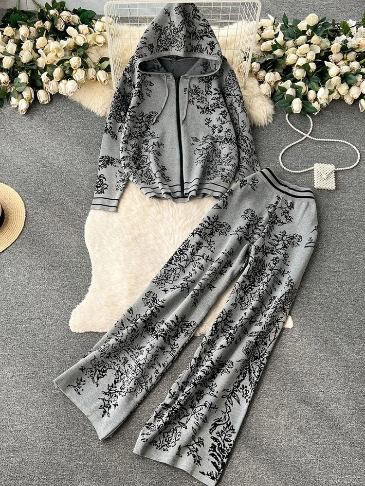 Vintage Print Knit 2 Piece Sets Women Casual Knitwear Hooded Zipper Sweatshirts Coats Conjunto High Waist Wide Leg Pants Suits