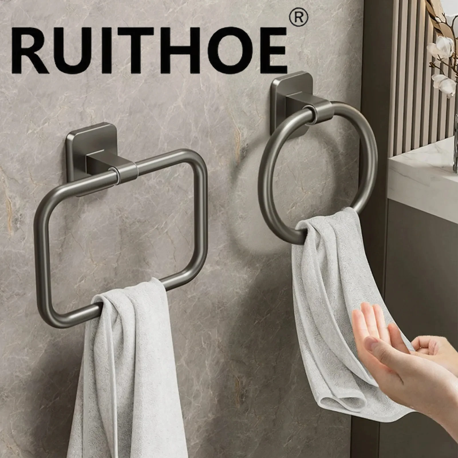 Space Aluminum Towel Holder No Drilling Bathroom Rack Black Towel Ring Rail Bar Kitchen Storage