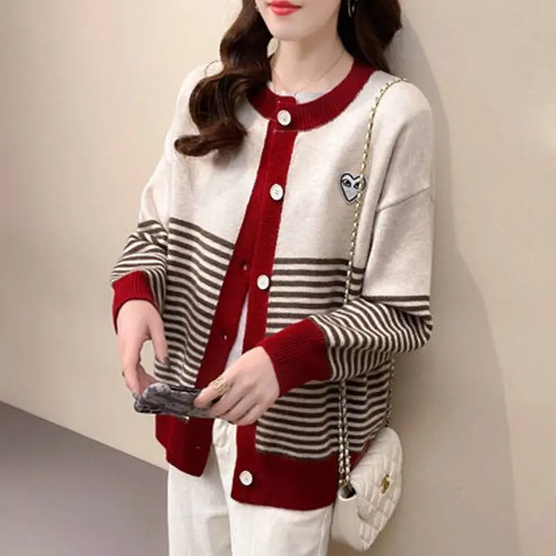 Women Autumn Fashion New Crew Neck Stripe Contrast Splicing Knit Cardigan Sweater Loose Cozy Versatile Button Long Sleeves Coat