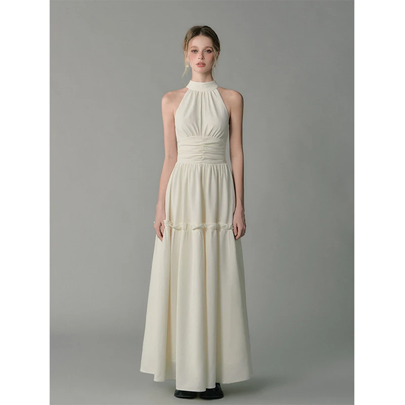 

Elegant Long Dress Women Party Prom Folds Halter Maxi Dresses Summer Korean Fashion Patchwork Sleeveless Bodycon Design Vestidos