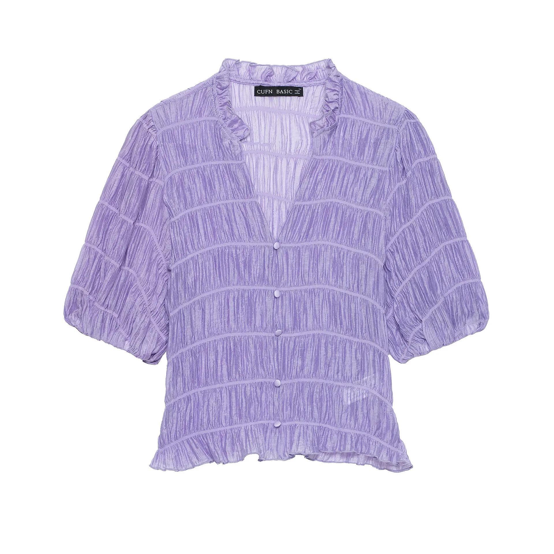 

Dave&Di European And American Women's New Purple Short Sleeved V-neck Honeycomb Pleated Shirt Woman Clothes Shirts