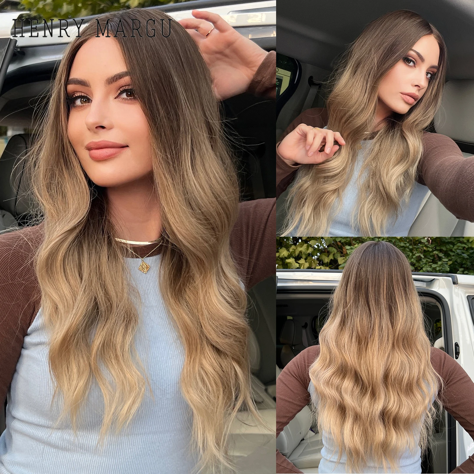 Bruin Blond Ombre Synthetische Pruiken Lange Natuurlijke Golvend Cosplay Pruiken Voor Vrouwen Daily Party Midden Deel Hittebestendige Fake Hair