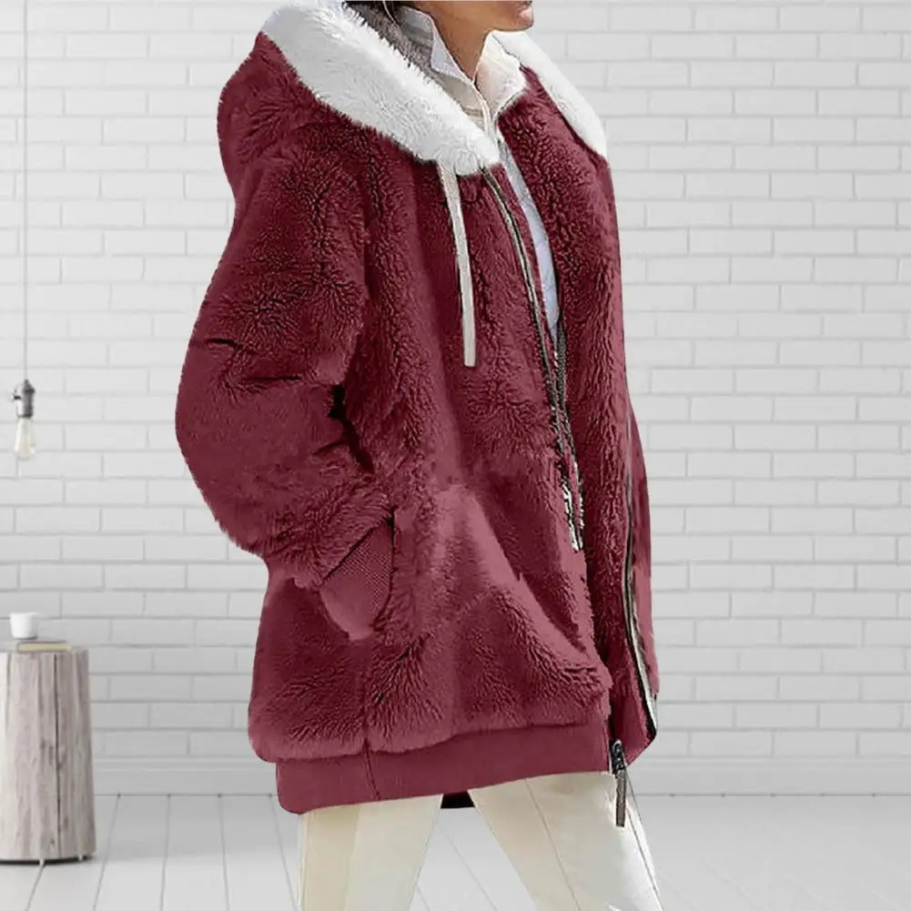 Cappotto da donna alla moda con cerniera morbida e spessa con cappello cappotto autunnale da donna in peluche