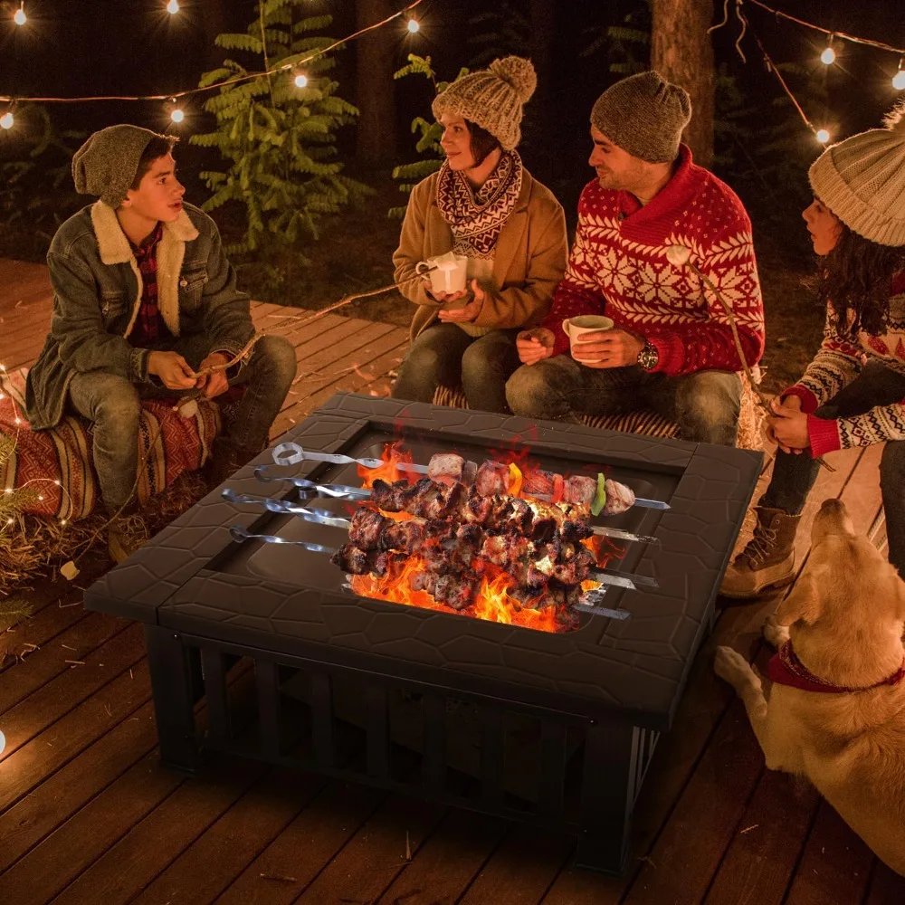 متعددة الوظائف حفرة النار الجدول 32 بوصة مربع المعادن Firepit موقد الفناء الخلفي حديقة الموقد للتخييم ، التدفئة في الهواء الطلق ،