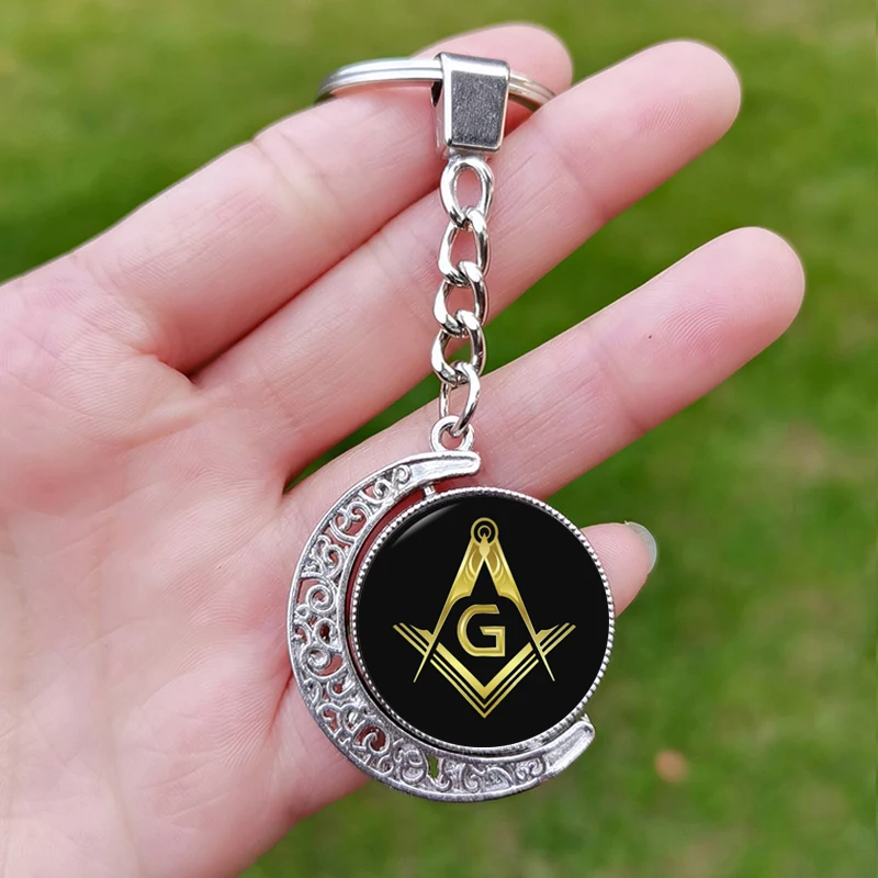 New Double Sided Masonic Keychain Glass Cabochon Pendant Free Mason Sign Rotate Key Chain For Men Lady Keyring