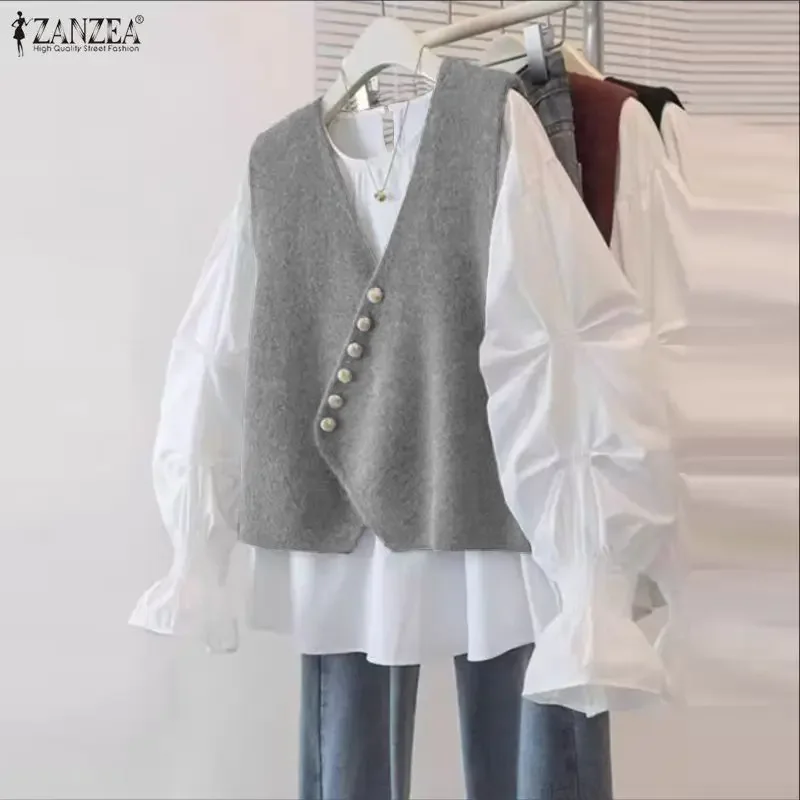 

ZANZEA Women Fashion Blouse 2026 Spring Long Sleeve Casual Patchwork Loose Shirts Elegant Office Lady Tops Tunic Oversized Blusa