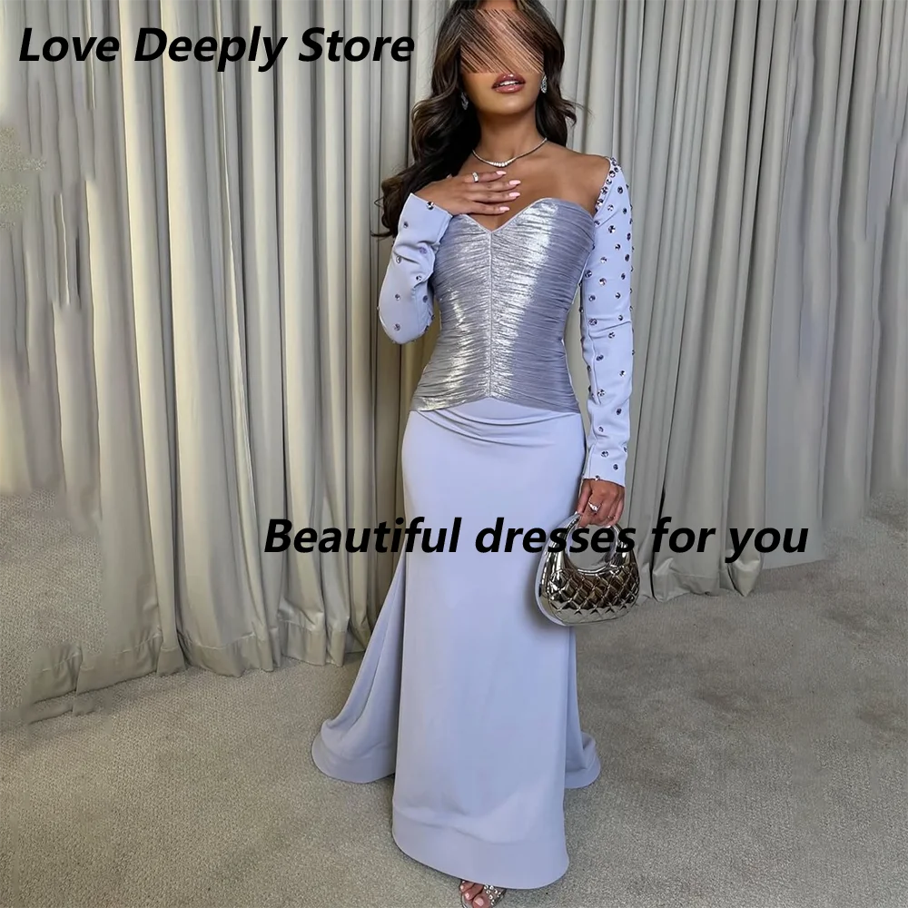 Fashion Evening Dress Customized Long Sleeves Off Shoulder V-Neck Sequined Floor Length Mermaid Arabic Prom Gown for Weddings