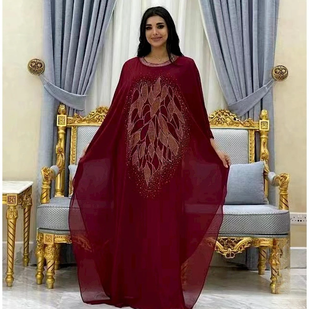 

African Tulle Loose Robe 2025 Elegant Diamond Shawl Dress Luxury Lady Party Dress Muslim Bat Sleeve Boubou Kaftan Moroccan Abaya