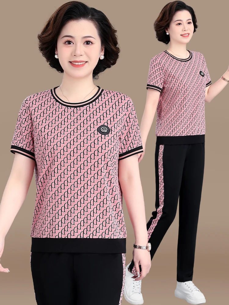 

Летний спортивный комплект для женщин среднего возраста: футболка с коротким рукавом и брюки, повседневный свободный крой, с цветочным принтом, в корейском стиле