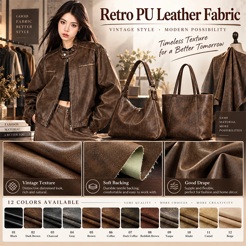 1m Distressed PU Leather Fabric Retro Textured Faux Leather Cloth for Fashion Jacket Trousers Skirt Handbag DIY Making