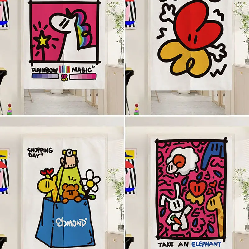 VIKAMA Doodle Cartoon Noren Door Curtain Abstract Figure Print Hanging Curtain Entryway Door Partition Trendy Interior Decor