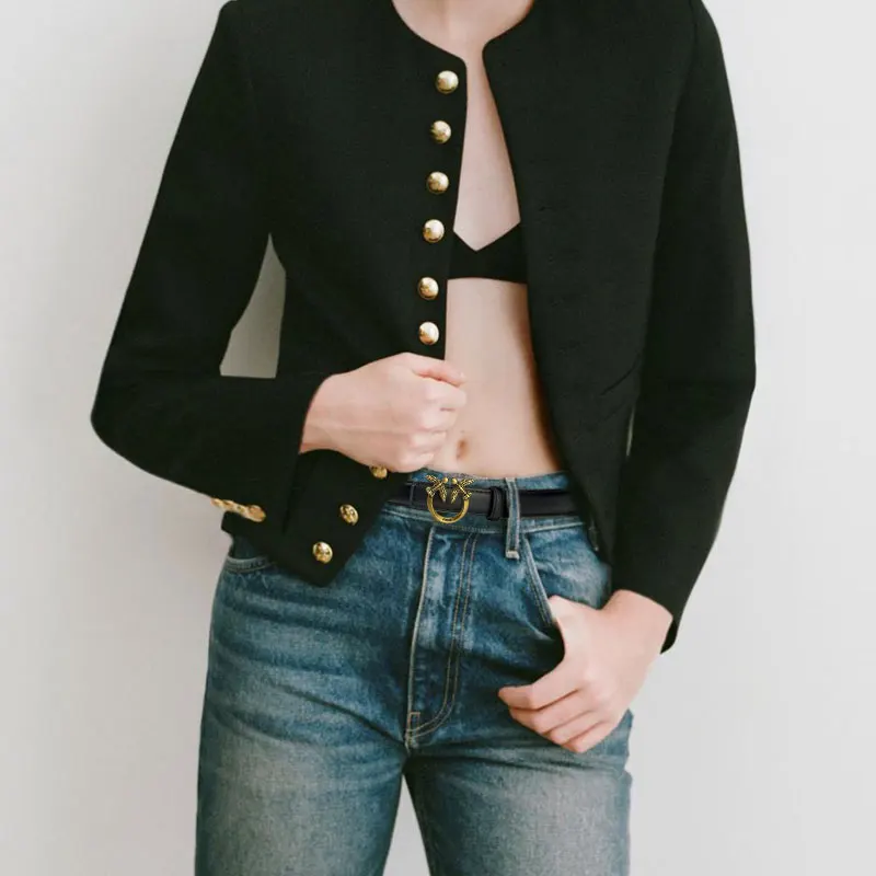 

Женский модный тонкий пояс из искусственной кожи - многофункциональный черный ремень с золотой пряжкой, подходит для повседневного и официального стиля.