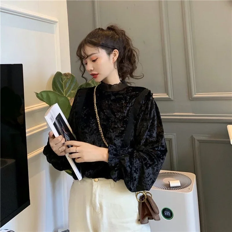 2025 New Korean Patchwork Blouses Women Stand Collar Puff Sleeve Long-sleeved Shirt Dropshipping Womens Blouses