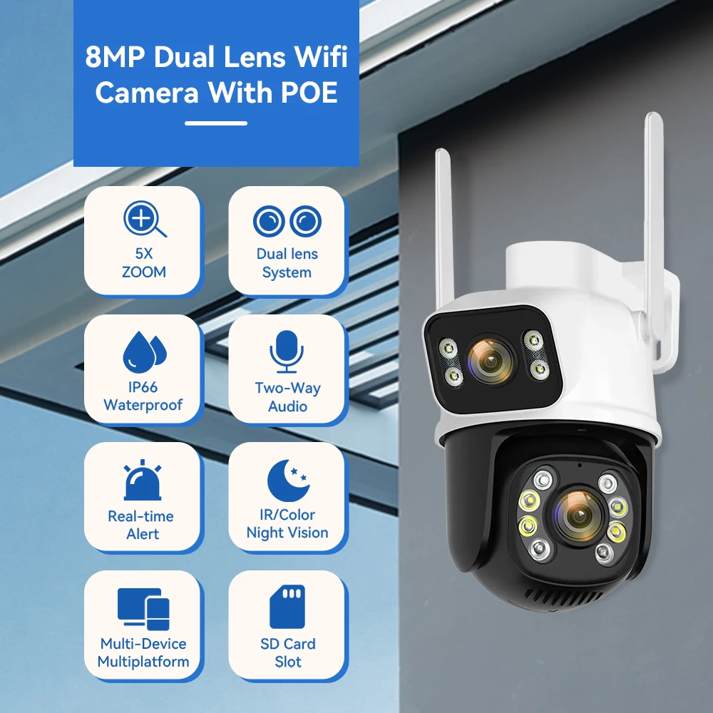 4K 8MP Dual Lens PTZ Camera POE WiFi Dual Screen Outdoor H.265 Night Vision Human Detect Two Way Audio Surveillance ICsee App