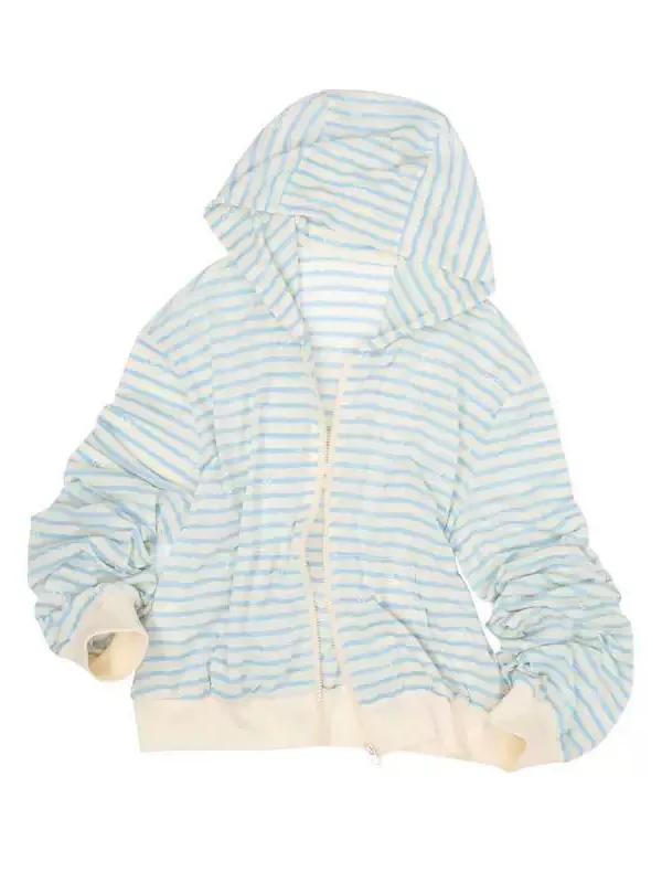 2026 New Korean Style Stripe Pattern Loose Casual Long Sleeve Hooded Open Cardigan Women's Fashionable Outerwear Coat