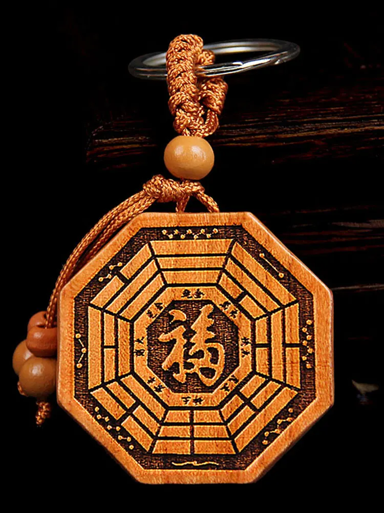 Taomu-Tai Chi Fu Character Key Chain, Household Auspicious Accessory, Double-sided Wood Carving, Five Lines, Fu Five Lines Penda