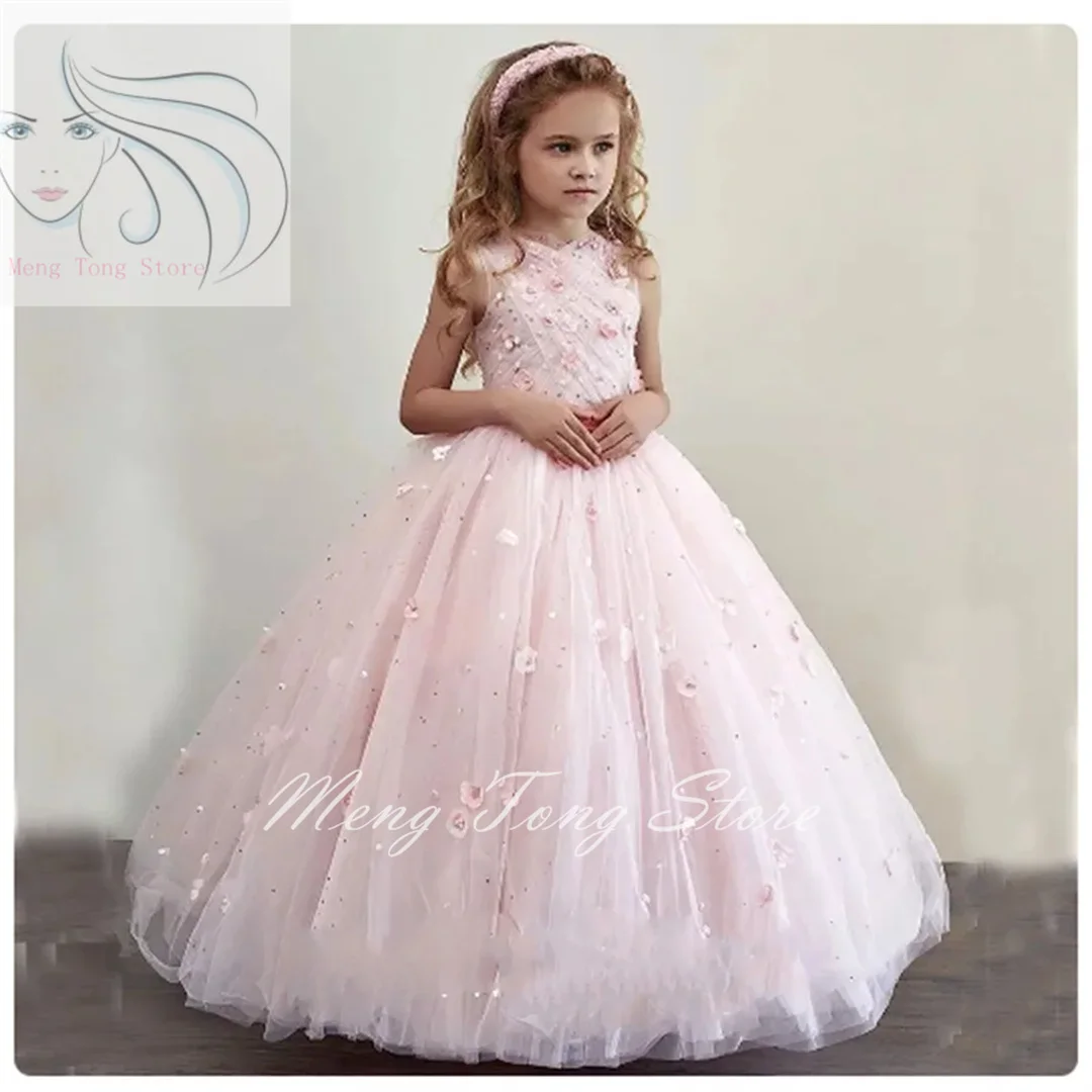 Flower Girl Dress For Wedding Pink Applique Tulle Sleeveless With Pearls Kids Birthday Party Evening Ball Gown