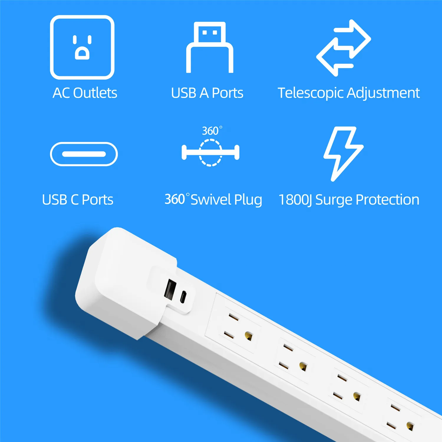 Retractable Electrical Wall Plug Rotates Outlet Extender 180° Plug 4 AC Outlet Power Outlet Extender Power Socket for NightStand