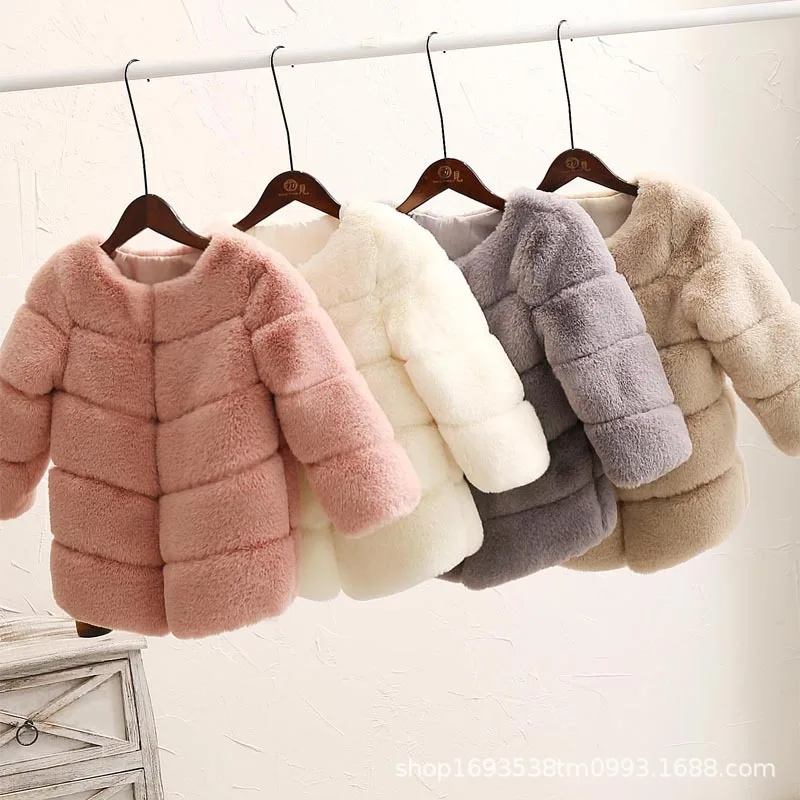 Girls' Patchwork Rabbit Fur Coat | Long Sleeve Faux Fur Jacket | Thick Plush Winter Top for Kids | Stylish & Warm Short Coat