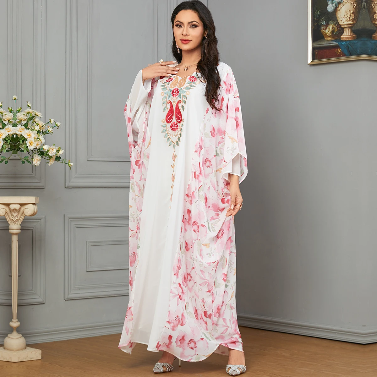 BNSQ Fashion Neckline embroidery Muslim Abaya for Women Patchwork Floral Fabric Casual Moroccan Kaftan Dubai Turkey Long Robe