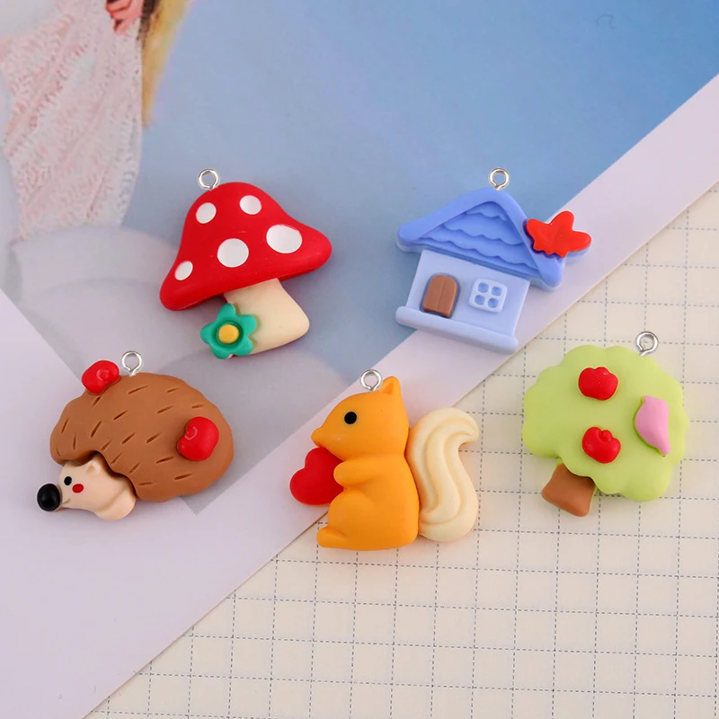 Cartoon Resin Hedgehog Mushroom House Charms Pendant for Jewelry Making DIY Earrings Keychain Necklace Decoration Accessories