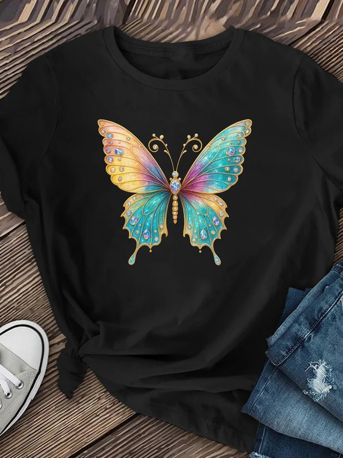 Baroque Gold Butterfly Print T Shirt Women Aesthetic Colorful Ribbon Graphic Tees Harajuku Casual Short Sleeve Wine Red Top Female Clothing
