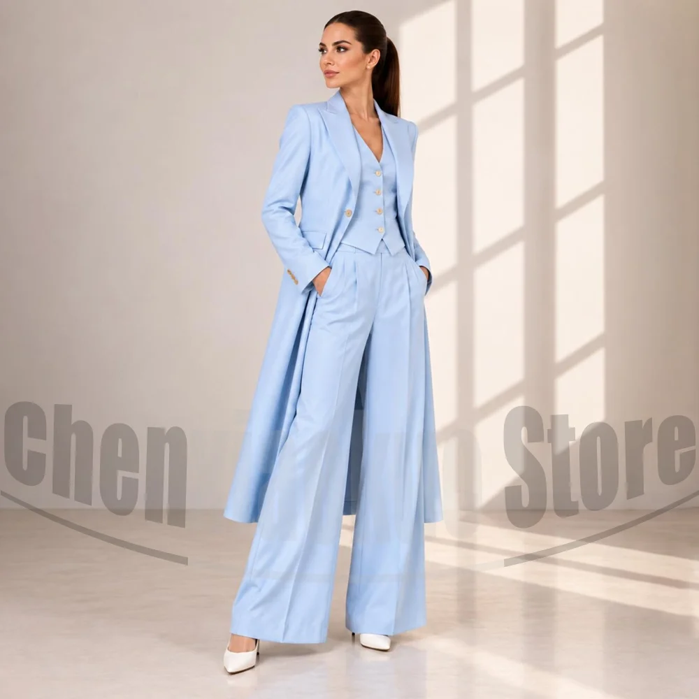 Women 3 Piece Suit Set Long Blazer Vest Wide Leg Pants Formal Wedding Guest Outfit Elegant Ladies Business Office Party Tuxedo
