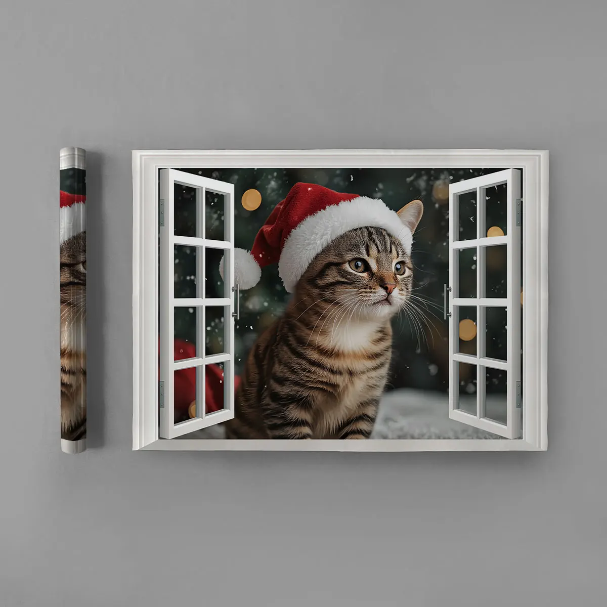 1pc simulated window wall sticker featuring a tabby cat wearing a Christmas hat waterproof and concealing flaws